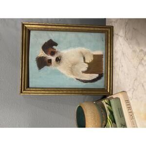 Vintage Folk Art Dog Portrait Painting • Framed Terrier Puppy Oil Painting